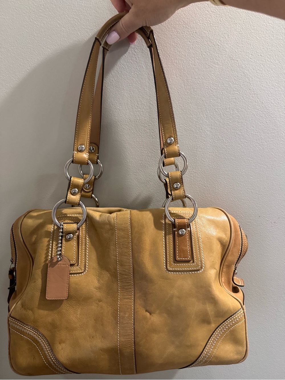 Coach Mustard Yellow Leather Shoulder Bag with Silver Rings